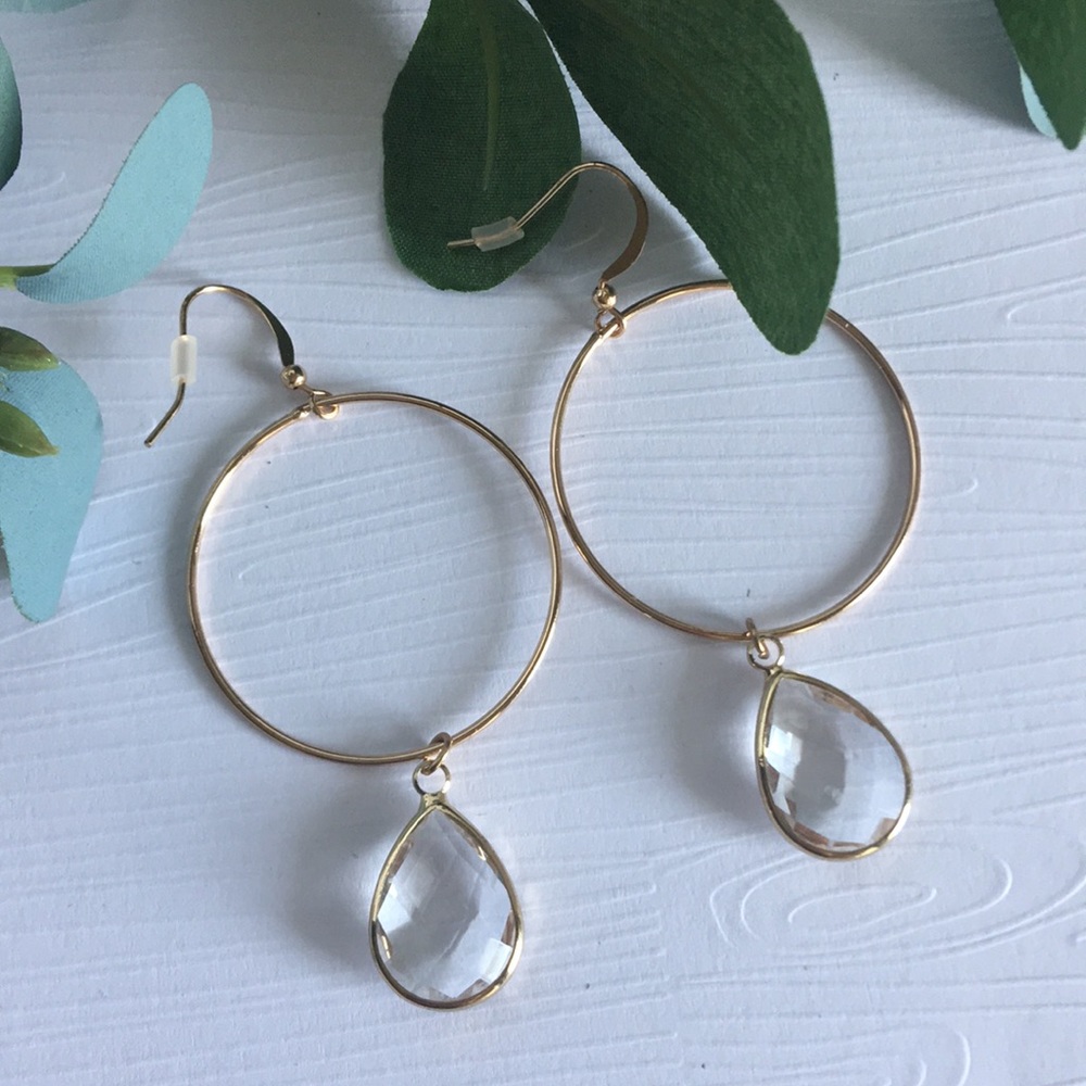 Gold Hoops With Crystal French Wire Earrings NWOT